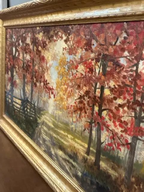 Original Fall Foliage Oil Painting in Gold Frame-Artist Unknown - Thumbnail 3