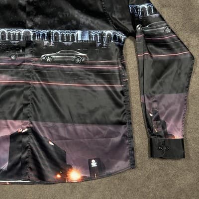 GS Bogosse Shirt Mens 3XL Multicolor Long Sleeve Satin Cityscape Car Button Up - Thumbnail 2