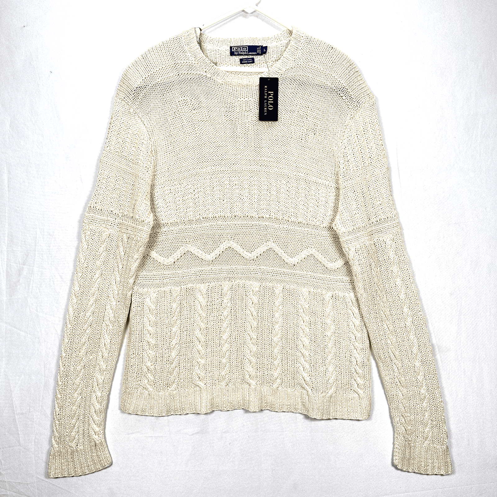 NEW Polo Ralph Lauren Sweater Womens Large Cream 100% Linen Hand Knit Italian - Image 1
