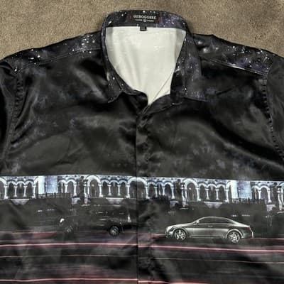 GS Bogosse Shirt Mens 3XL Multicolor Long Sleeve Satin Cityscape Car Button Up - Thumbnail 4
