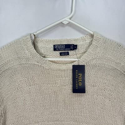 NEW Polo Ralph Lauren Sweater Womens Large Cream 100% Linen Hand Knit Italian - Thumbnail 3
