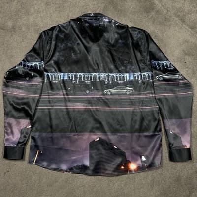 GS Bogosse Shirt Mens 3XL Multicolor Long Sleeve Satin Cityscape Car Button Up - Thumbnail 7