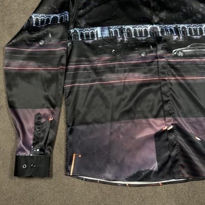 GS Bogosse Shirt Mens 3XL Multicolor Long Sleeve Satin Cityscape Car Button Up - Thumbnail 3