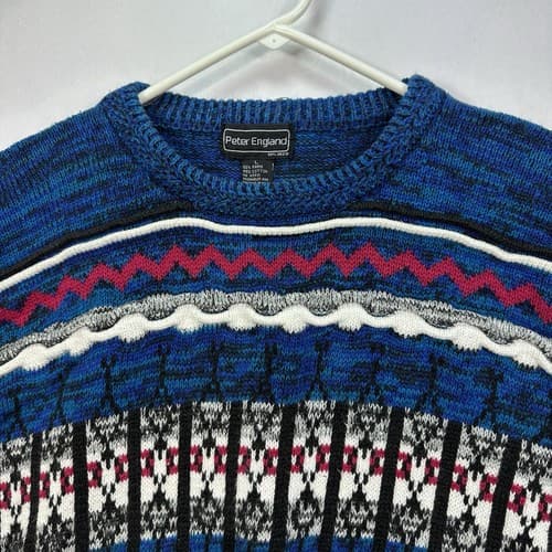 Vintage Peter England Fair Isle Men Large Crew Sweater Multicolor 3D Coogi Style - Thumbnail 5