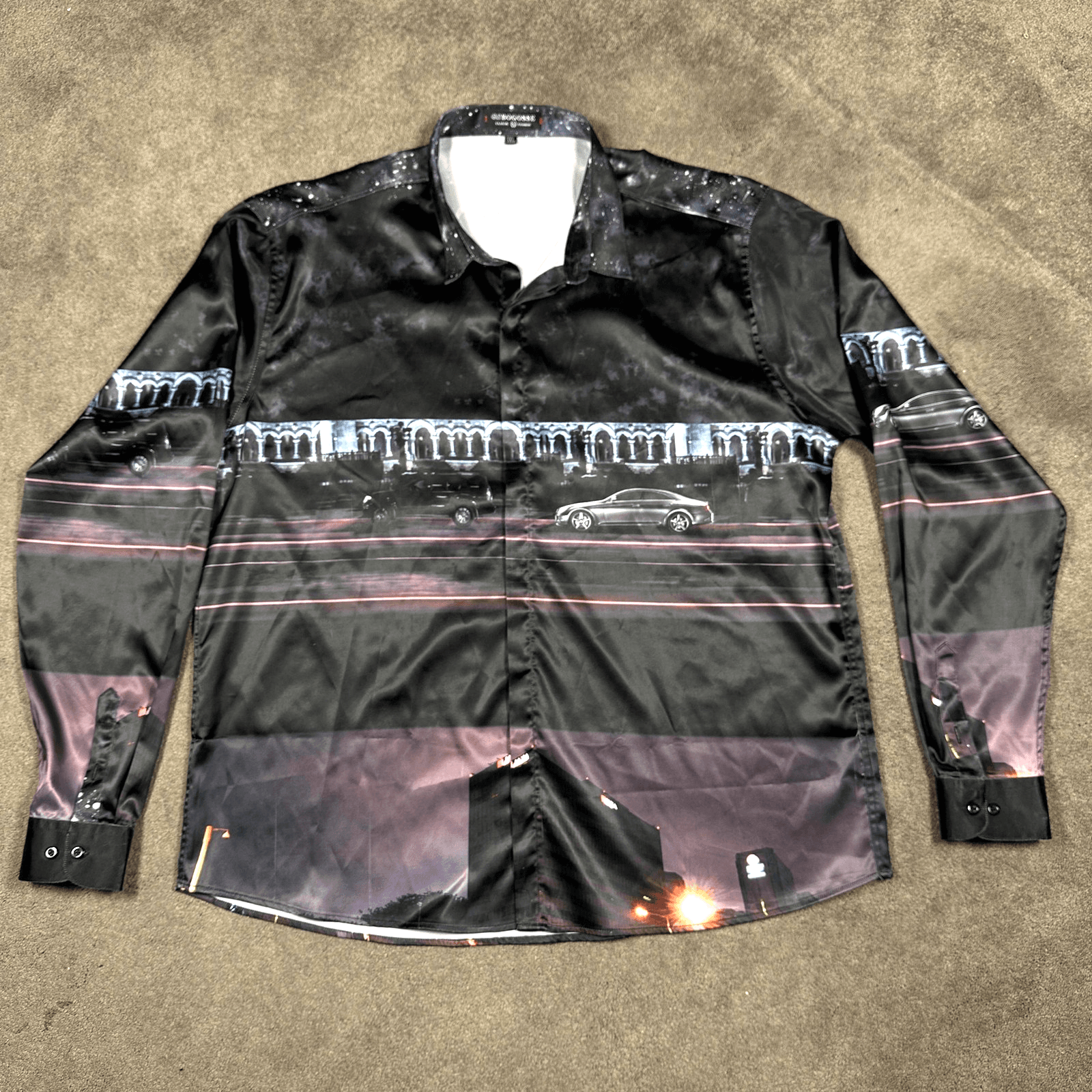 GS Bogosse Shirt Mens 3XL Multicolor Long Sleeve Satin Cityscape Car Button Up - Image 1