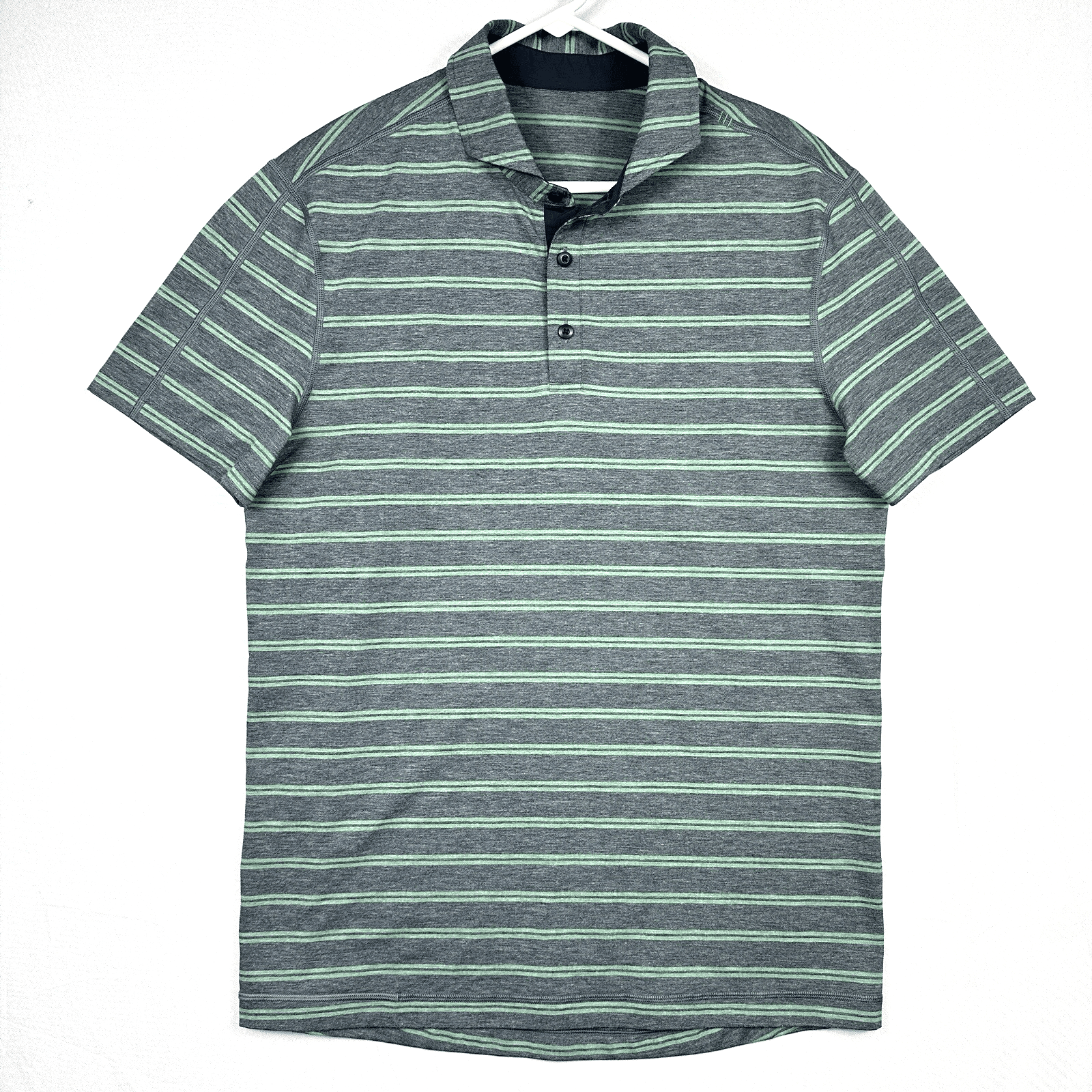 Lululemon Mens Propel Polo Shirt Large Gray Green Striped Cut Back Breathable - Image 1