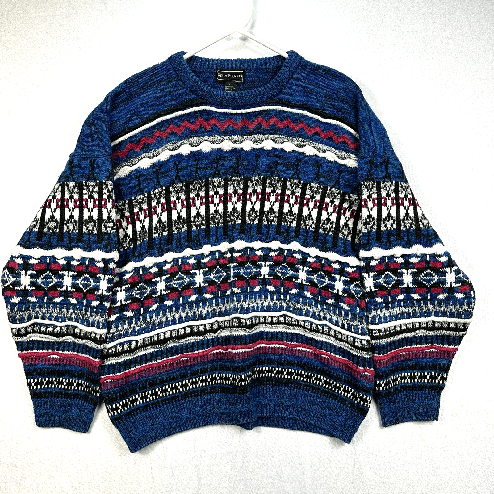 Vintage Peter England Fair Isle Men Large Crew Sweater Multicolor 3D Coogi Style - Image 1
