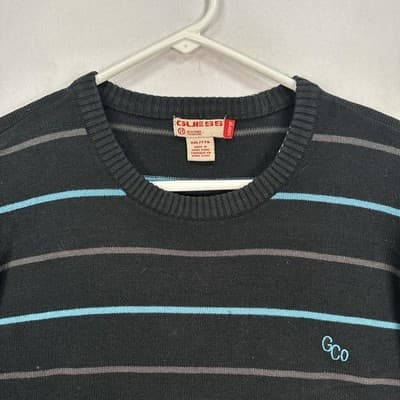Guess Sweater Youth 2XL Black Striped Crewneck Pullover Knit Long Sleeve Vintage - Thumbnail 2