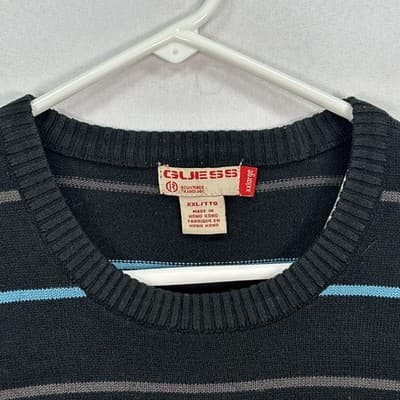 Guess Sweater Youth 2XL Black Striped Crewneck Pullover Knit Long Sleeve Vintage - Thumbnail 3