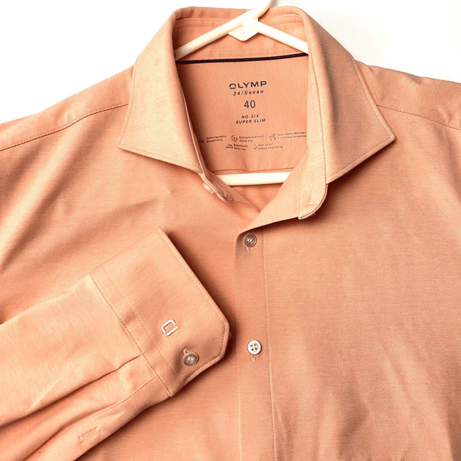 NEW OLYMP Mens Size 40 Long Sleeve Shirt Super Slim No6 Peach Cutaway Quick Dry - Image 1