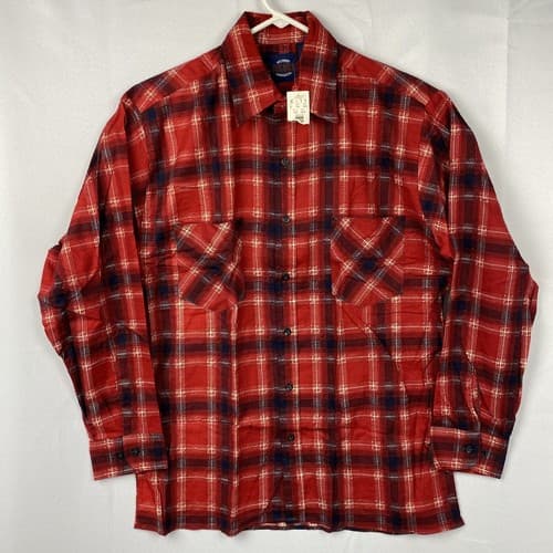 NEW Saugatuck Flannel Shirt Mens Medium Long Sleeve Dry Goods Red Blue Plaid Vtg - Thumbnail 2