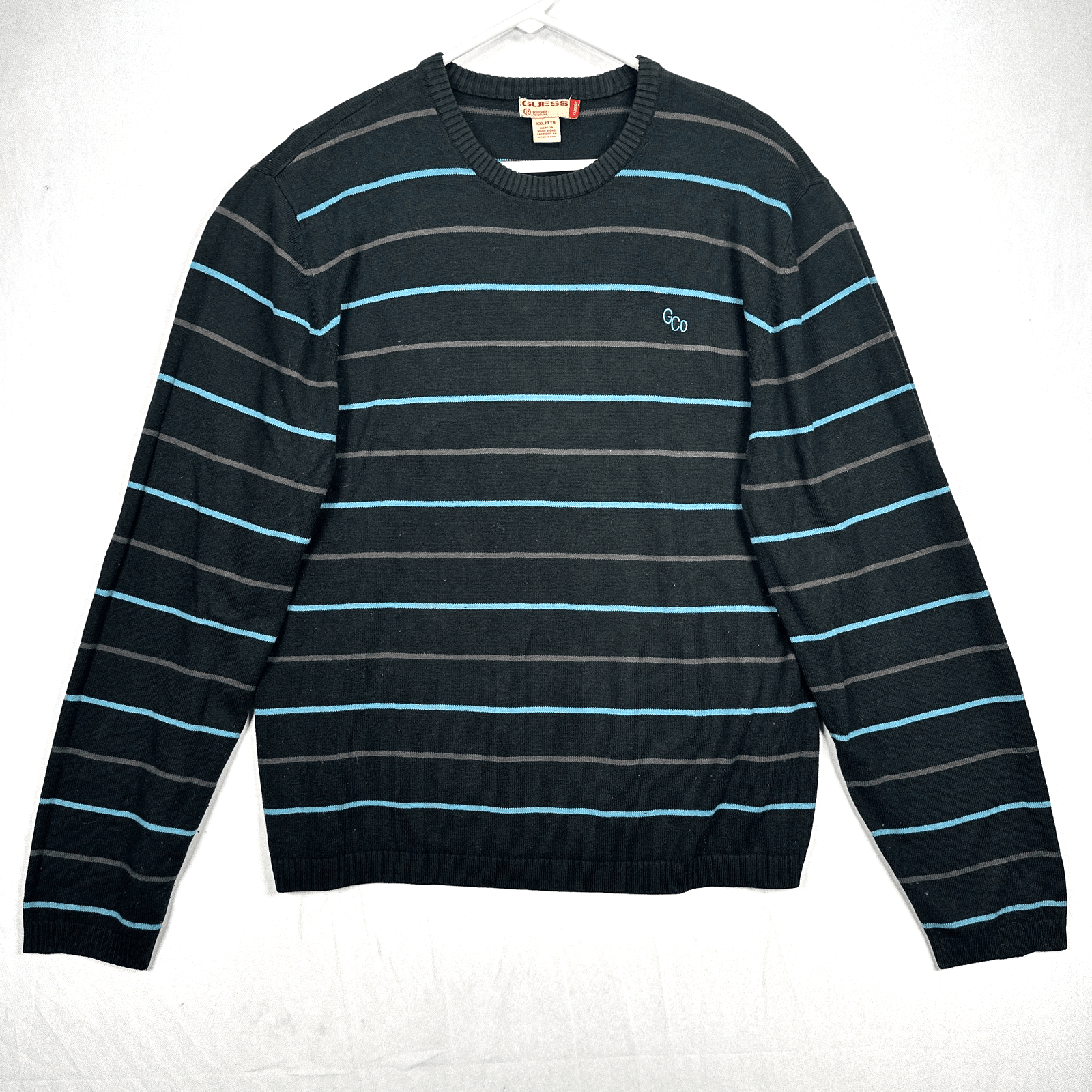 Guess Sweater Youth 2XL Black Striped Crewneck Pullover Knit Long Sleeve Vintage - Image 1