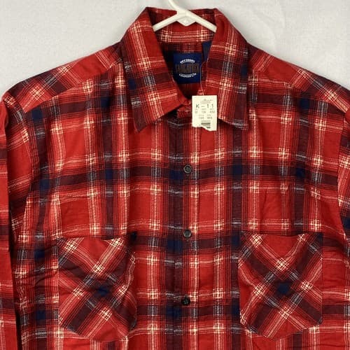 NEW Saugatuck Flannel Shirt Mens Medium Long Sleeve Dry Goods Red Blue Plaid Vtg - Thumbnail 7