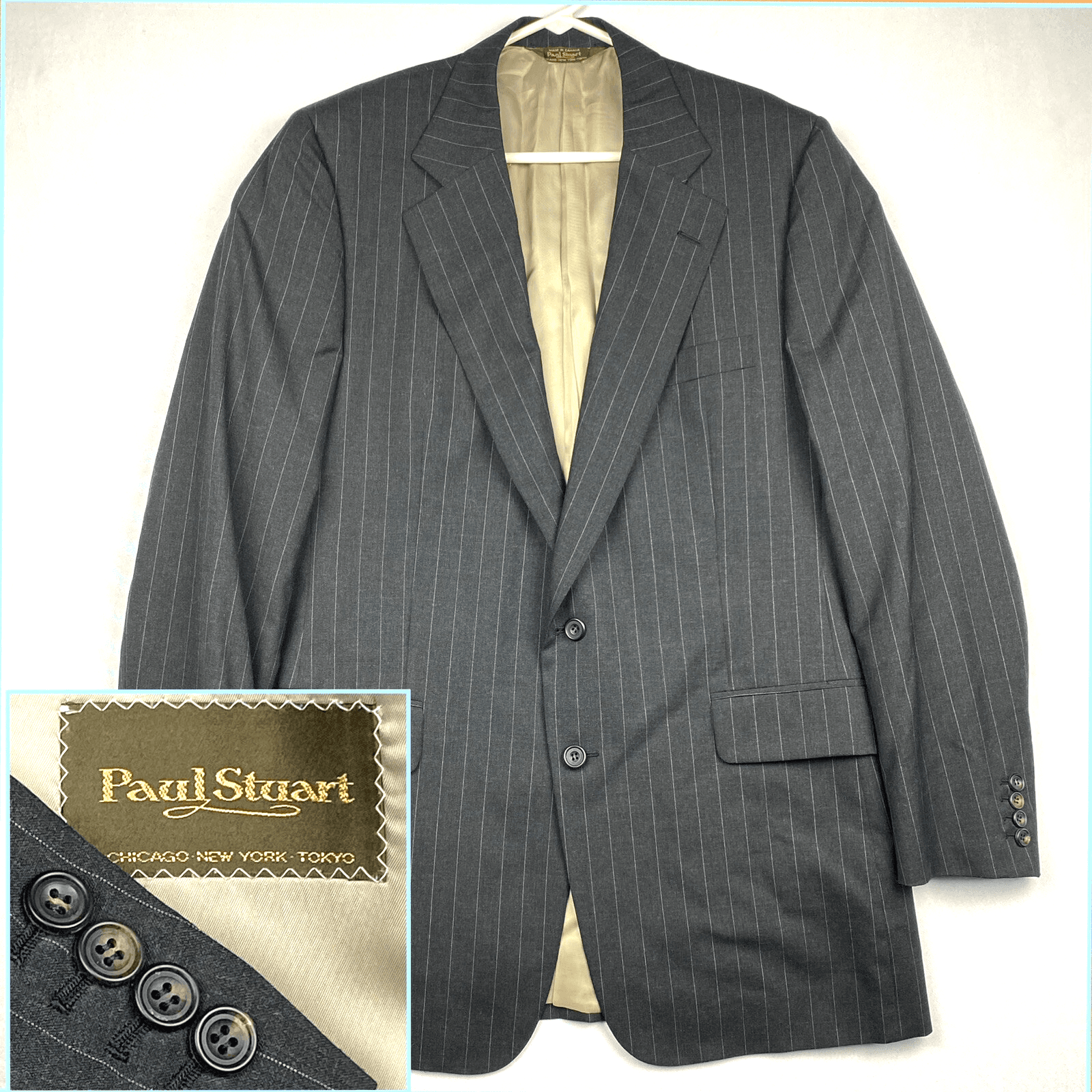 Paul Stuart Edward 43 L Tall Sport Coat Blazer Wool Gray Stripe Suit Jacket - Image 1