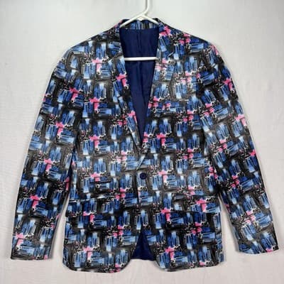 Suslo Couture Blazer Jacket Men Medium 40 Slim Fit Blue Pink Abstract City Print - Image 1