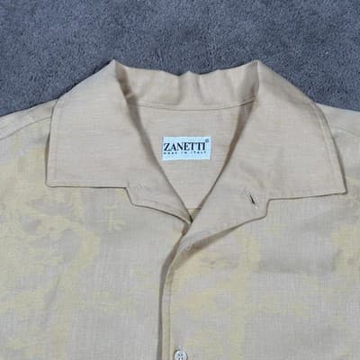 Zanetti Linen Shirt Mens Large Gold Camp Short Sleeve Floral Jacquard Italy - Image 1