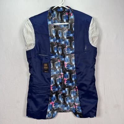 Suslo Couture Blazer Jacket Men Medium 40 Slim Fit Blue Pink Abstract City Print - Thumbnail 9