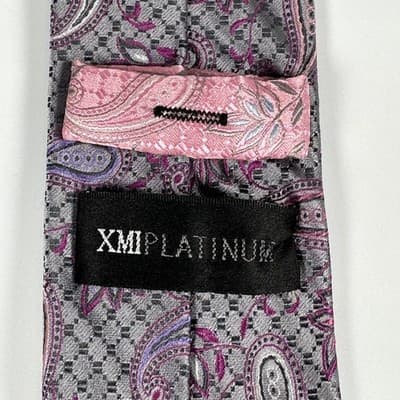 XMI Platinum Jacquard Tie Mens Gray Purple Pink Paisley Classic Skinny Necktie - Thumbnail 4