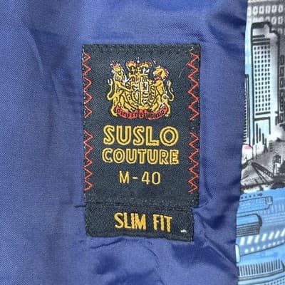 Suslo Couture Blazer Jacket Men Medium 40 Slim Fit Blue Pink Abstract City Print - Thumbnail 10