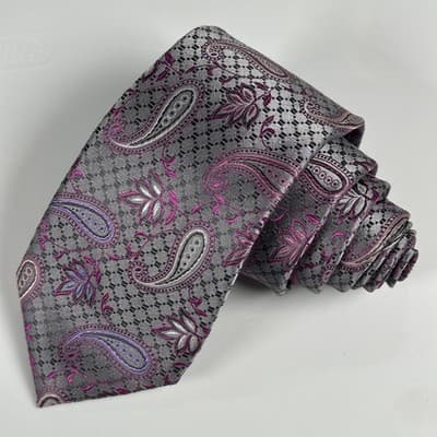 XMI Platinum Jacquard Tie Mens Gray Purple Pink Paisley Classic Skinny Necktie - Thumbnail 2