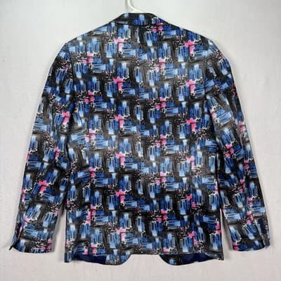 Suslo Couture Blazer Jacket Men Medium 40 Slim Fit Blue Pink Abstract City Print - Thumbnail 3