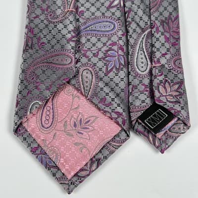 XMI Platinum Jacquard Tie Mens Gray Purple Pink Paisley Classic Skinny Necktie - Thumbnail 5