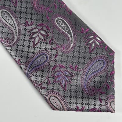 XMI Platinum Jacquard Tie Mens Gray Purple Pink Paisley Classic Skinny Necktie - Thumbnail 3