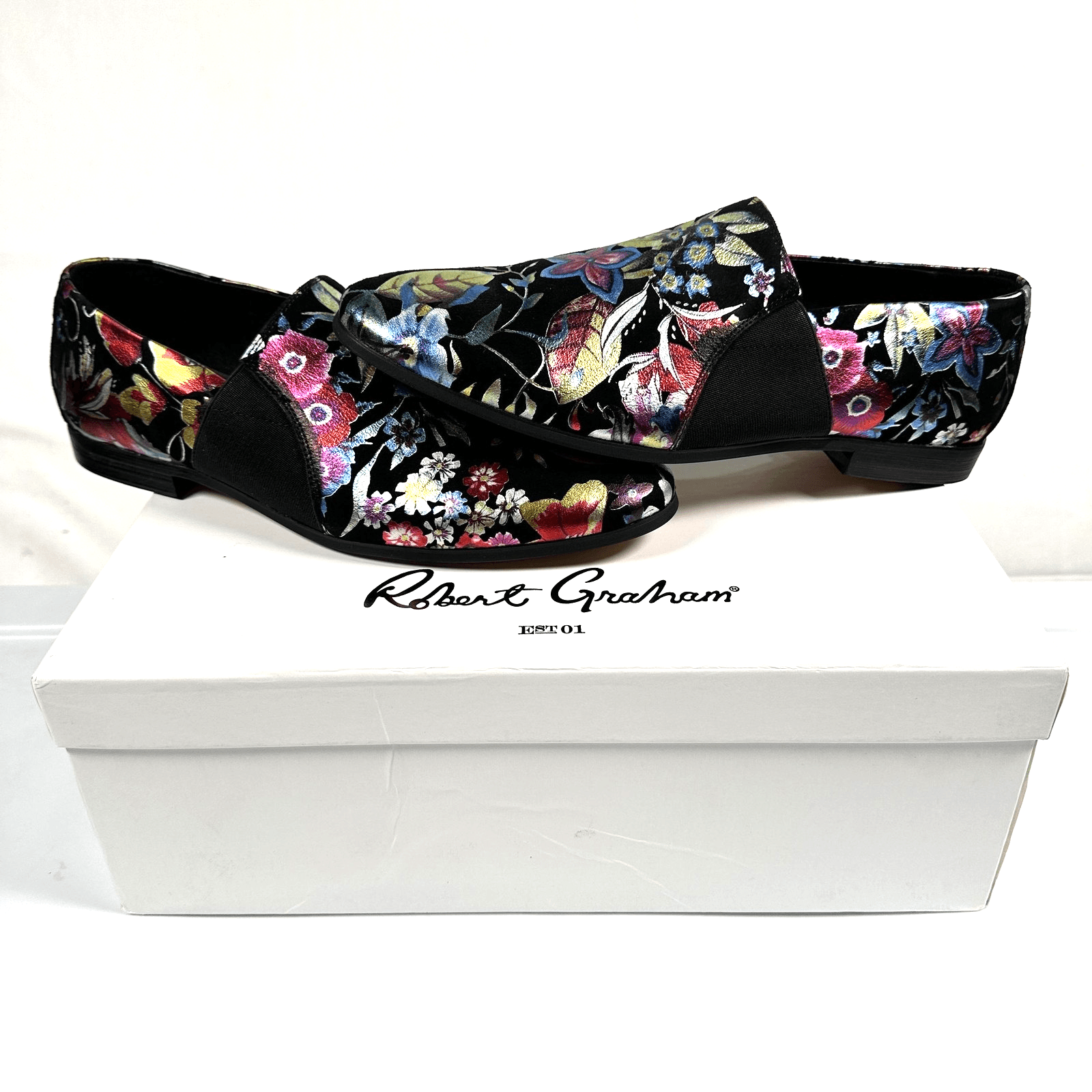 Robert Graham Artic Mens Black Floral Metallic Embroidery Loafers RG5657S Sz 8.5 - Image 1