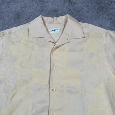 Zanetti Linen Shirt Mens Large Gold Camp Short Sleeve Floral Jacquard Italy - Thumbnail 3