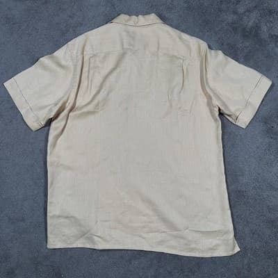 Zanetti Linen Shirt Mens Large Gold Camp Short Sleeve Floral Jacquard Italy - Thumbnail 4