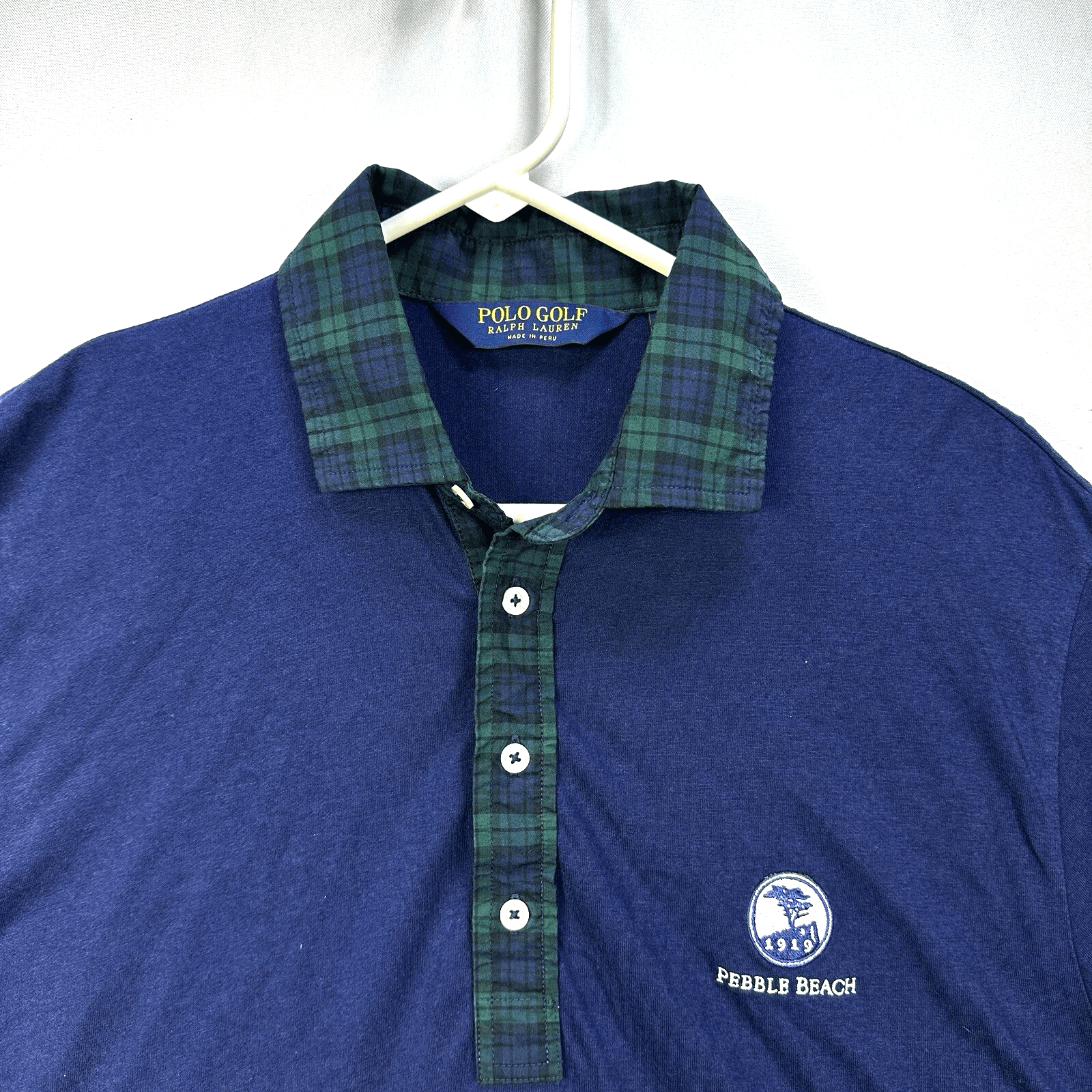 Polo Golf Ralph Lauren Shirt Mens Medium Pebble Beach Golf Navy Plaid Collar - Image 1