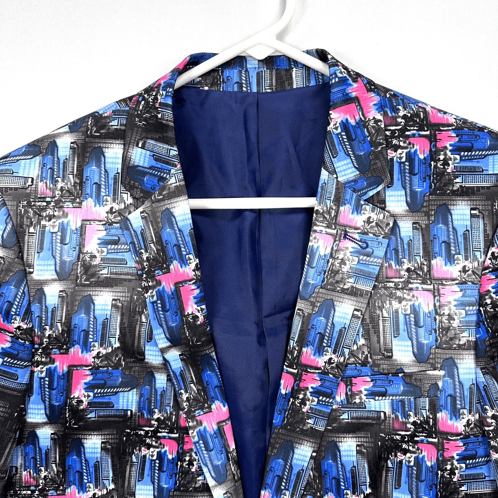 Suslo Couture Blazer Jacket Men Medium 40 Slim Fit Blue Pink Abstract City Print - Thumbnail 2