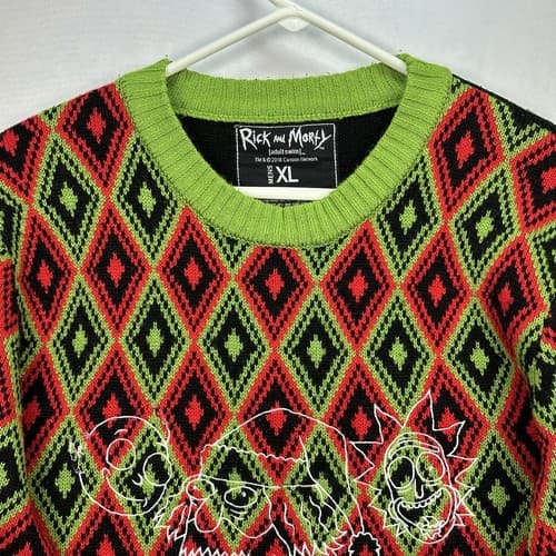 Rick & Morty Ugly Christmas Sweater Mens XL Red Green Argyle Crewneck Adult Swim - Thumbnail 4