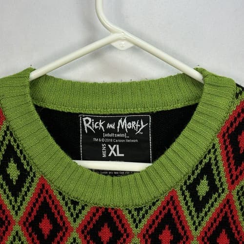Rick & Morty Ugly Christmas Sweater Mens XL Red Green Argyle Crewneck Adult Swim - Thumbnail 5