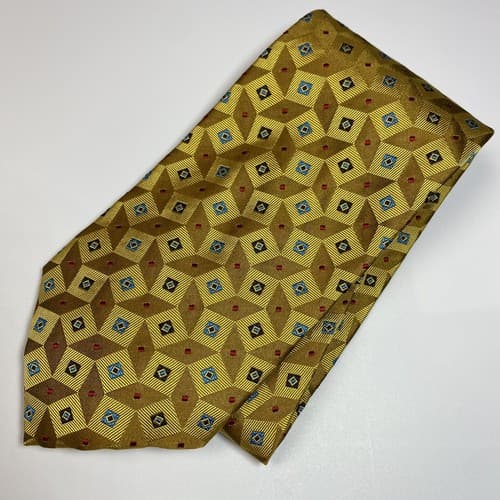 Carrot & Gibbs Mens 100% Silk Neck TieGeometric Gold Diamonds Handmade EUC - Thumbnail 6