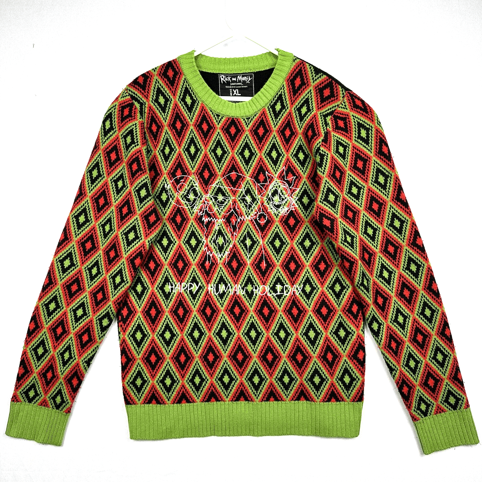 Rick & Morty Ugly Christmas Sweater Mens XL Red Green Argyle Crewneck Adult Swim - Image 1