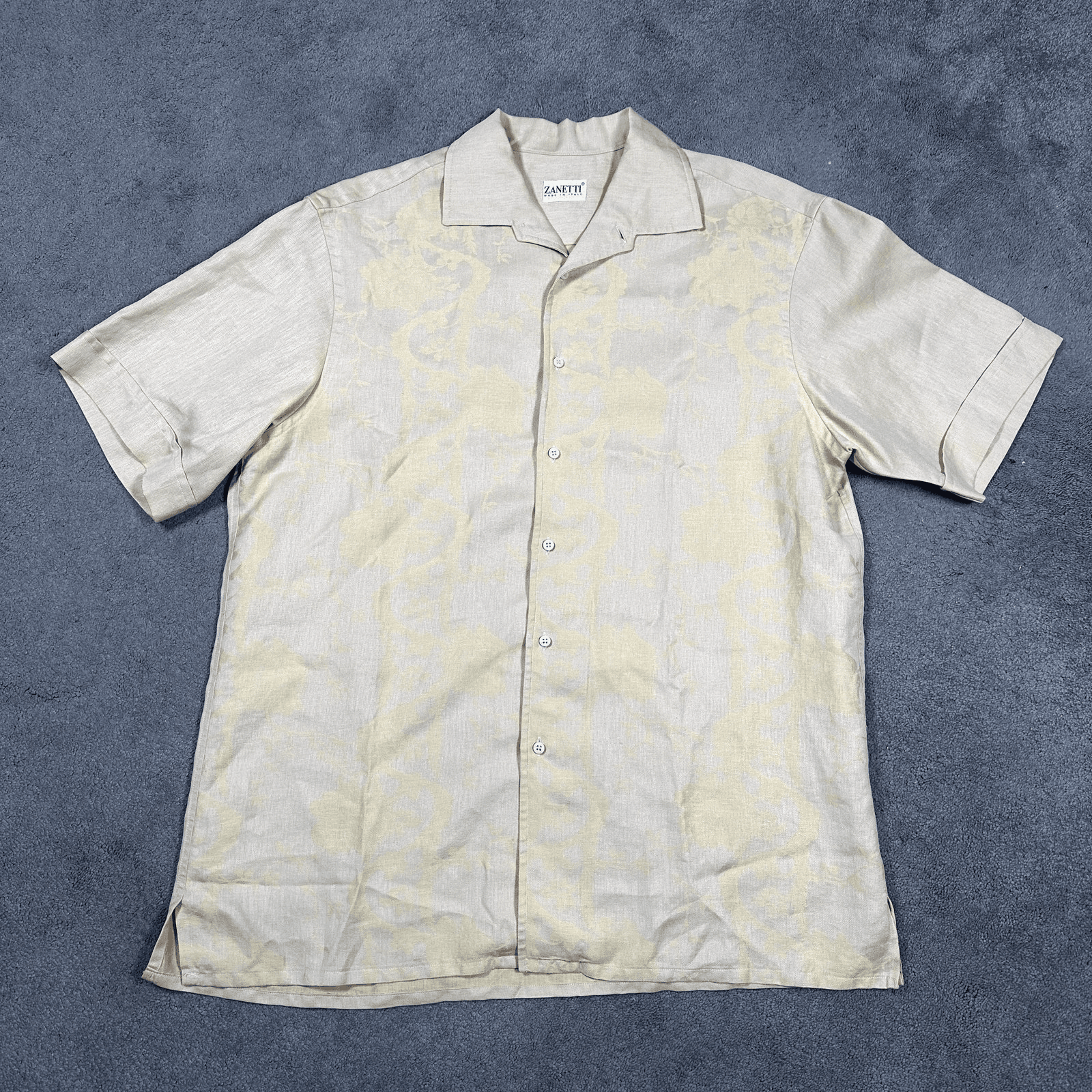 Zanetti Linen Shirt Mens Large Gold Camp Short Sleeve Floral Jacquard Italy - Thumbnail 2
