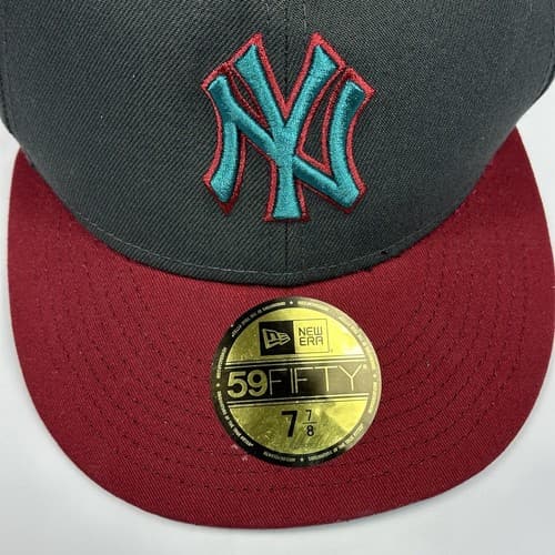 New York Yankees New Era 1999 WS Patch 59FIFTY Gray Hat Size 7 7/8 Turquoise Red - Thumbnail 6