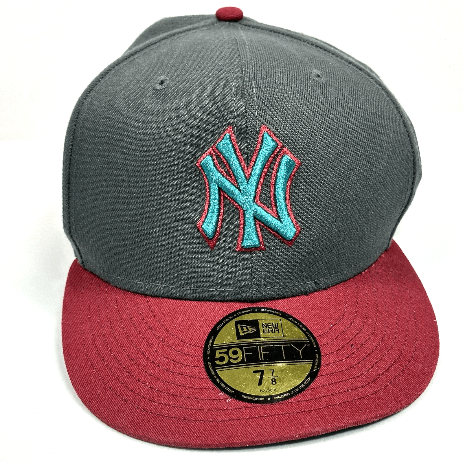 New York Yankees New Era 1999 WS Patch 59FIFTY Gray Hat Size 7 7/8 Turquoise Red - Image 1