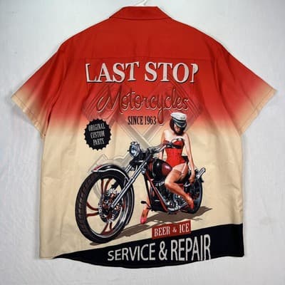 Vintage Last Stop Motorcycles Hawaiian Shirt Mens 2XL PinUp Biker Beer S/S 60s - Thumbnail 7