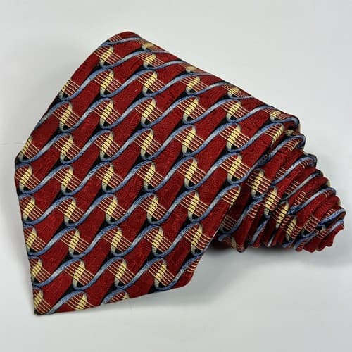 ERMENEGILDO ZEGNA Mens 100% Silk Necktie Red Gold Geometric Tie ITALY 59 x 3.75 - Thumbnail 2