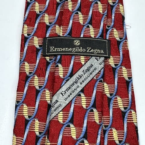 ERMENEGILDO ZEGNA Mens 100% Silk Necktie Red Gold Geometric Tie ITALY 59 x 3.75 - Thumbnail 5