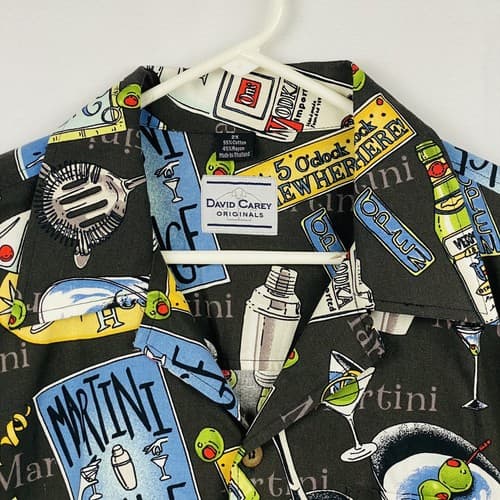 NEW David Carey Mens 2XL Martini All Over Print Shirt Button Black Camp Lounge - Thumbnail 2