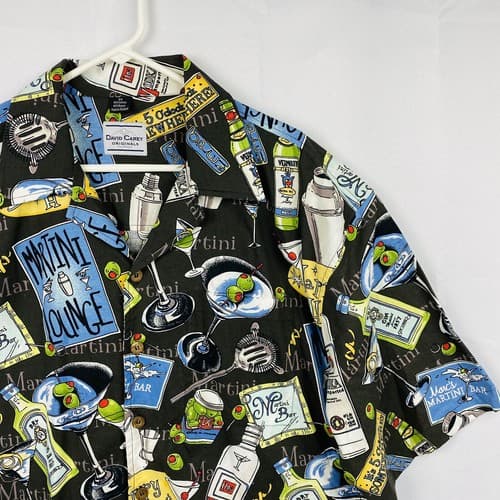 NEW David Carey Mens 2XL Martini All Over Print Shirt Button Black Camp Lounge - Thumbnail 5
