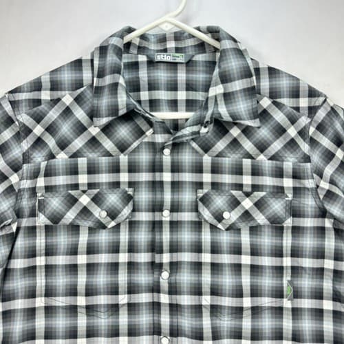 Stio Mens XS Eddy Plaid Pearl Snap Shirt Nylon Black Gray Plaid Long Sleeve EUC - Thumbnail 5