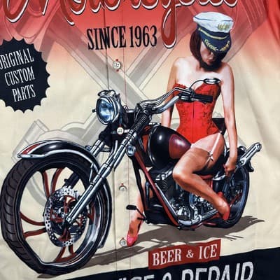 Vintage Last Stop Motorcycles Hawaiian Shirt Mens 2XL PinUp Biker Beer S/S 60s - Thumbnail 3