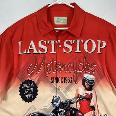 Vintage Last Stop Motorcycles Hawaiian Shirt Mens 2XL PinUp Biker Beer S/S 60s - Thumbnail 4