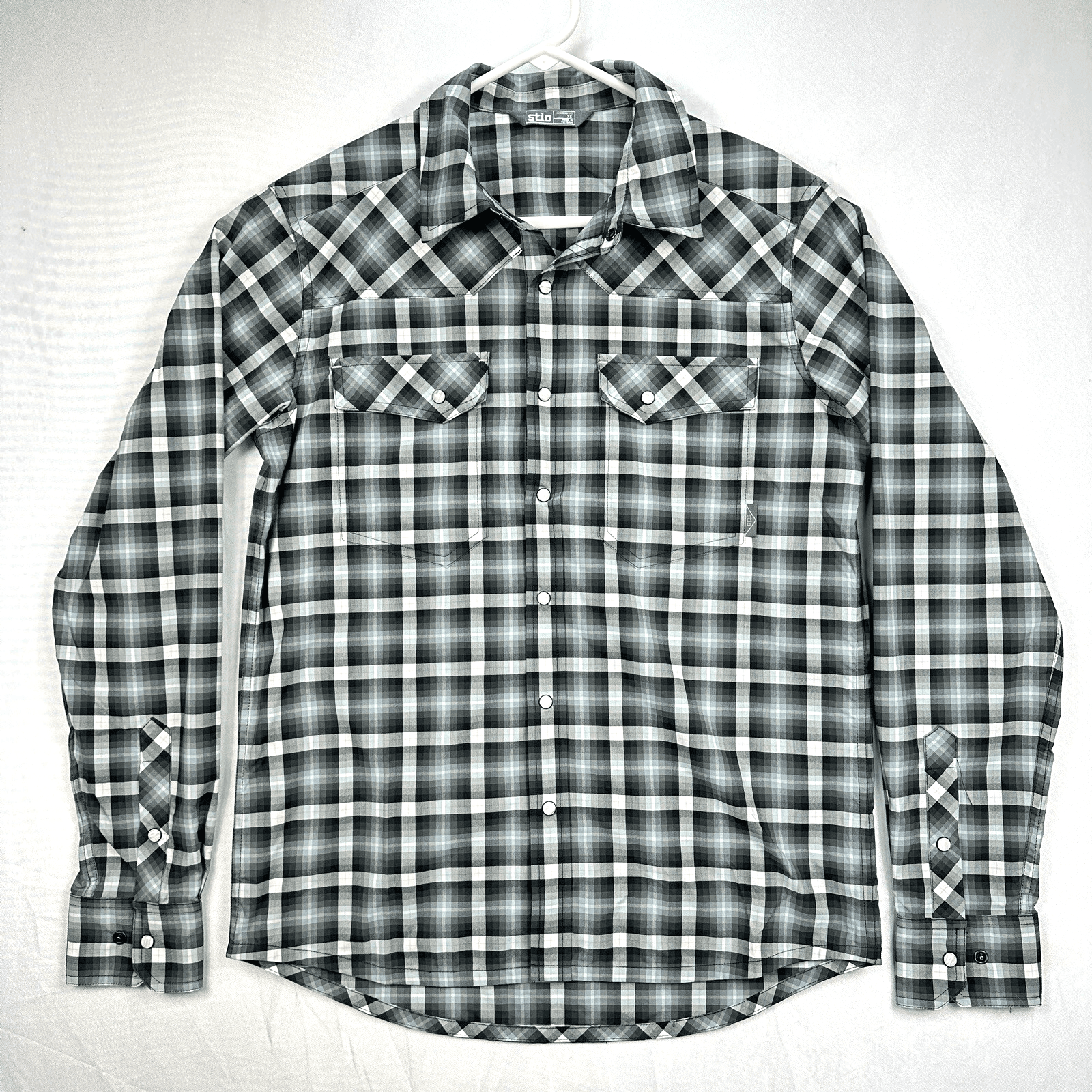 Stio Mens XS Eddy Plaid Pearl Snap Shirt Nylon Black Gray Plaid Long Sleeve EUC - Image 1