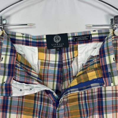 Viyella Shorts Mens 34 Yellow Blue Plaid 100% Cotton Summer Preppy Casual 8" - Thumbnail 3