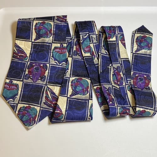 Vtg Guess Georges Marciano Silk Mens Tie Multicolor Geometric Necktie Cars Boats - Thumbnail 2
